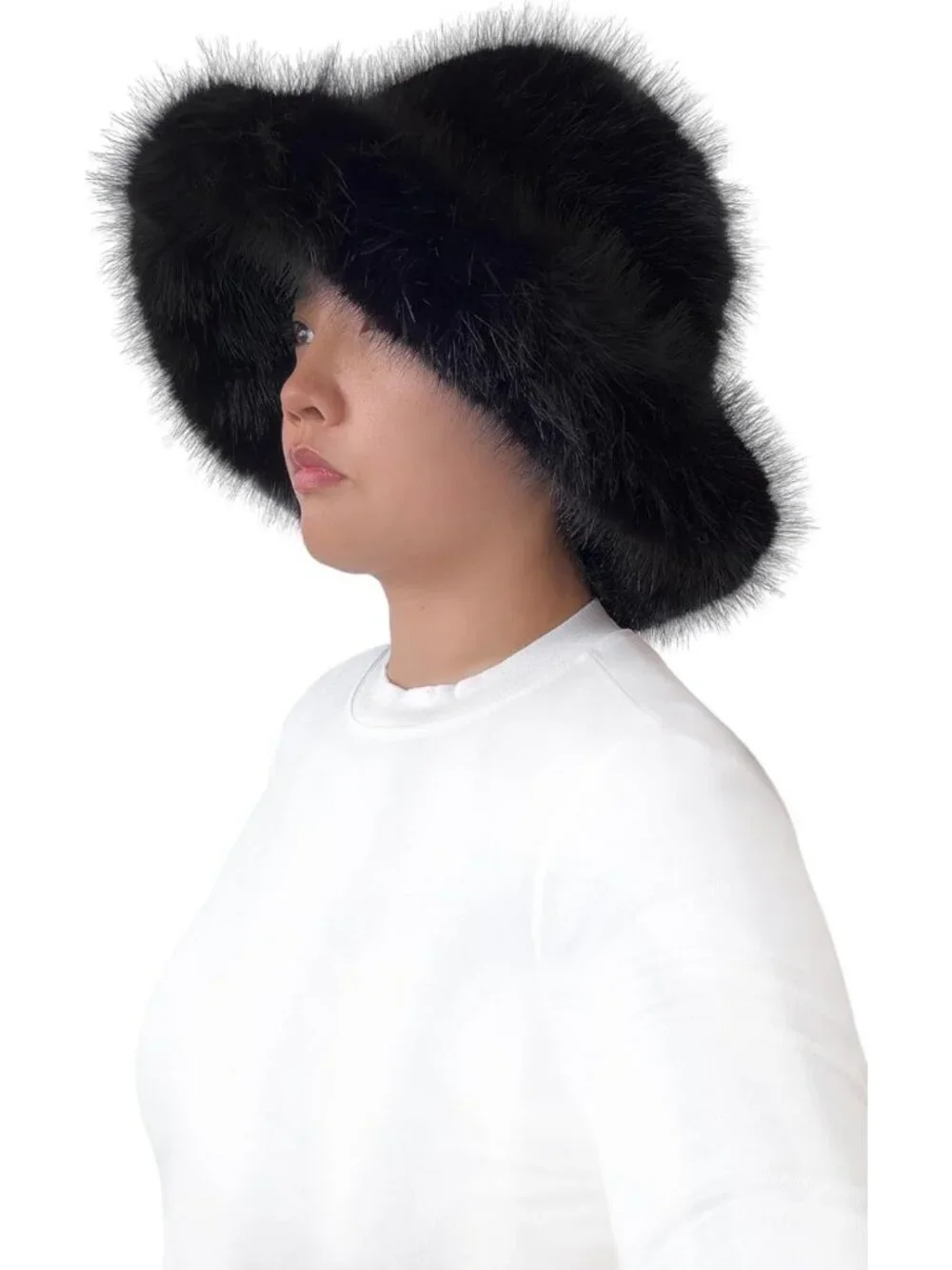 Oversized Winter Faux Fur Bucket Hat for Women - Long Pile, Wide Brim, Cozy